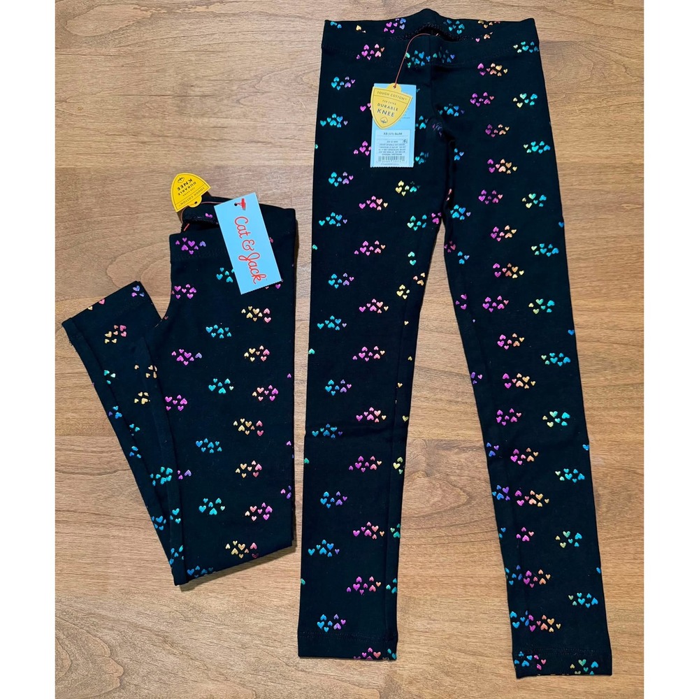 Set of 2 Cat & Jack Girls Black and Metallic Rainbow heart Leggings XS 4/5 slim